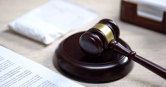 Plastic packet on table and gavel lying on sound block